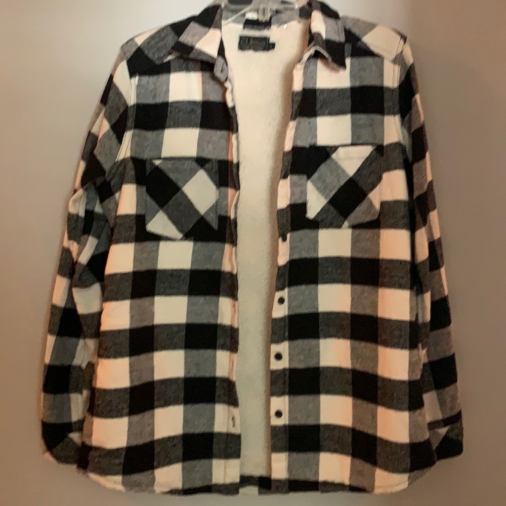 Fleece lined button gingham check flannel shirt